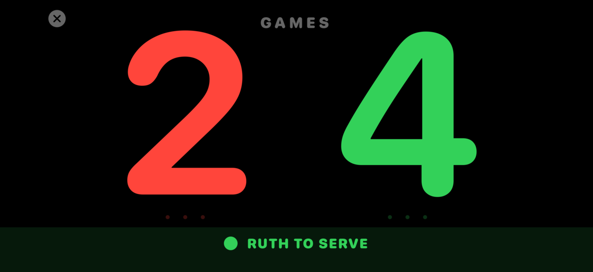 Luasc courtside scoreboard on an iPhone in landscape, between games in a doubles match: the games score, two to four, in numerals filling the screen under the heading GAMES, with a strip along the bottom reading Ruth to serve
