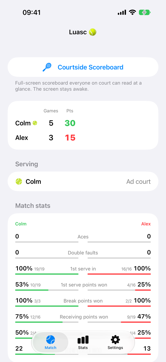 Luasc Match tab on iPhone mirroring a live match: score, serving details and match stats