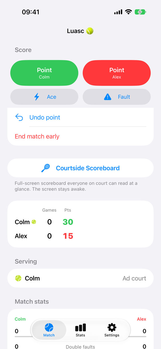 Luasc Match tab on iPhone with the on-device scoring controls: large Point buttons for Colm and Alex, ace and fault buttons, undo, and the live score