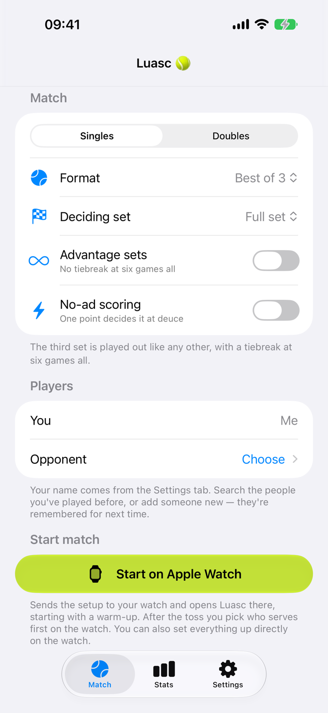 Luasc match setup on iPhone: a singles and doubles switch, the match format and deciding set, toggles for advantage sets and no-ad scoring, the players, and a Start on Apple Watch button