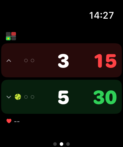 Luasc watch scoreboard mid-match: your green band leading 5 games to 3 with the point score 30–15, the tennis ball marking you as the server